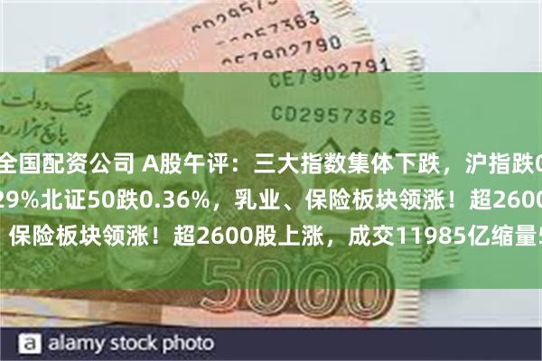 全国配资公司 A股午评：三大指数集体下跌，沪指跌0.11%创业板指跌1.29%北证50跌0.36%，乳业、保险板块领涨！超2600股上涨，成交11985亿缩量577亿